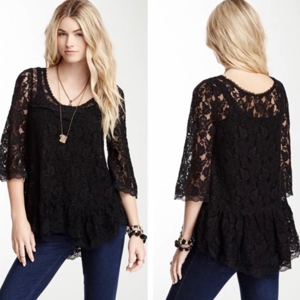 Free People Whimsigoth Black Lace Wide Sleeve Semi Sheer Top Womens Size S Goth